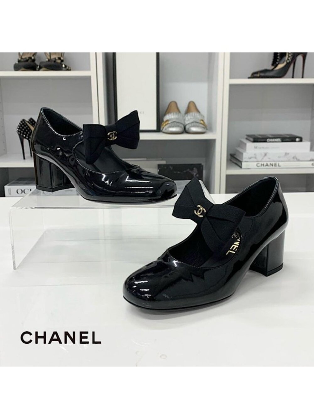 Chanel Patent CC Logo Mary Jane Ribbon Pumps Black Heel